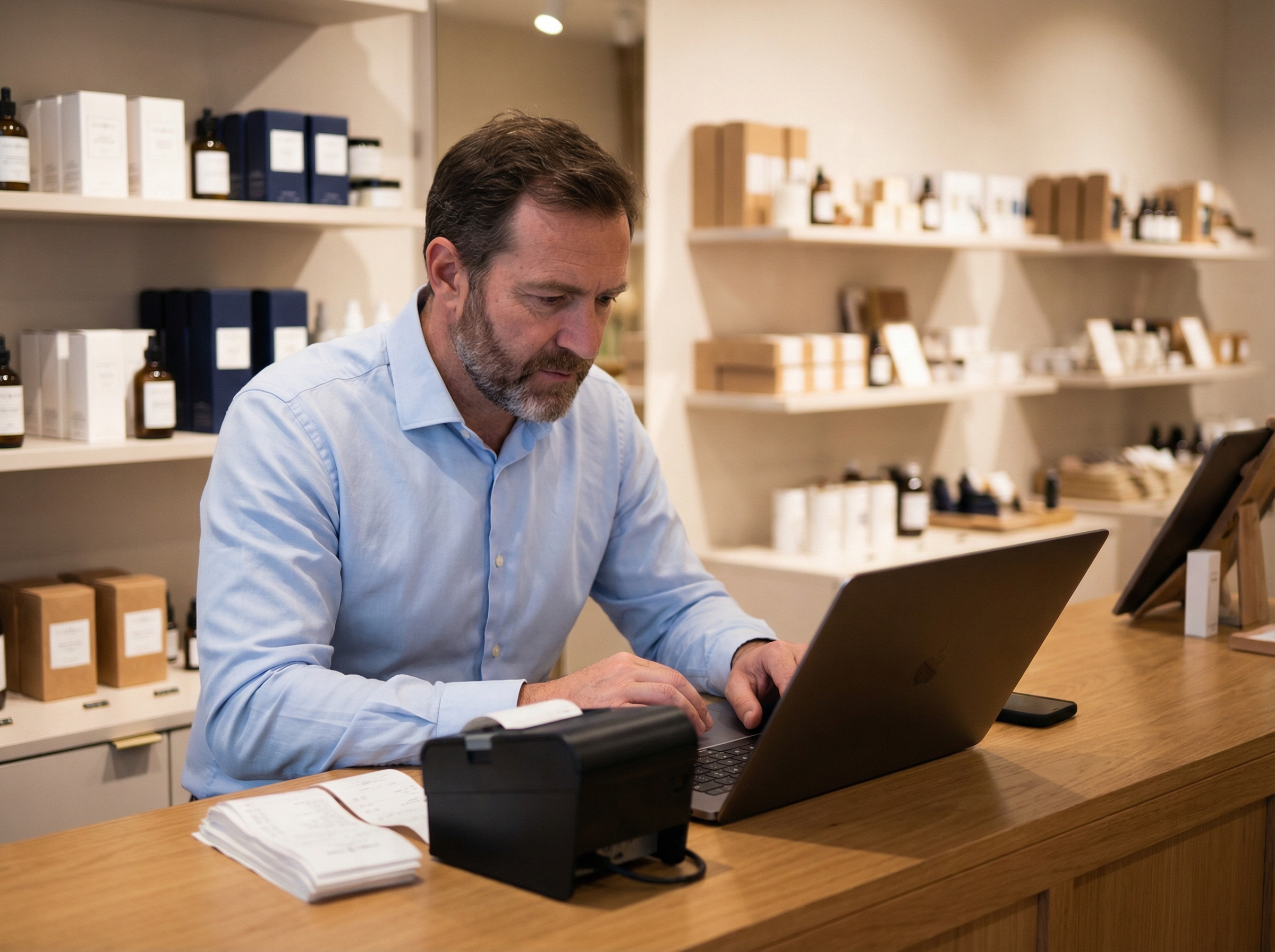 Commerçante consultant ses rapports de conformité NF-525 et ses factures électroniques synchronisées depuis Odoo POS