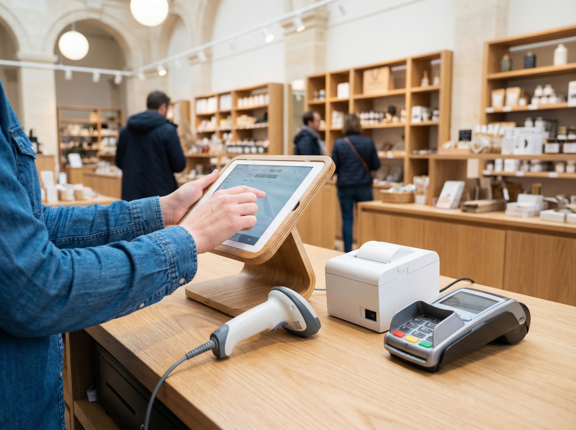 Caissier utilisant un écran tactile Odoo POS dans une boutique, avec lecteur code-barres et imprimante tickets