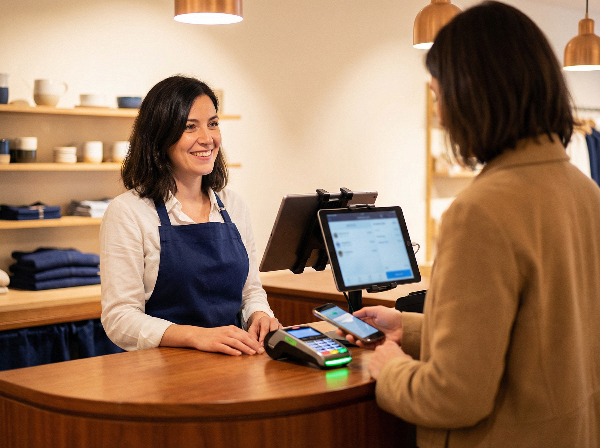 Commerçant et client à la caisse : paiement par carte, espèces ou mobile avec Odoo POS