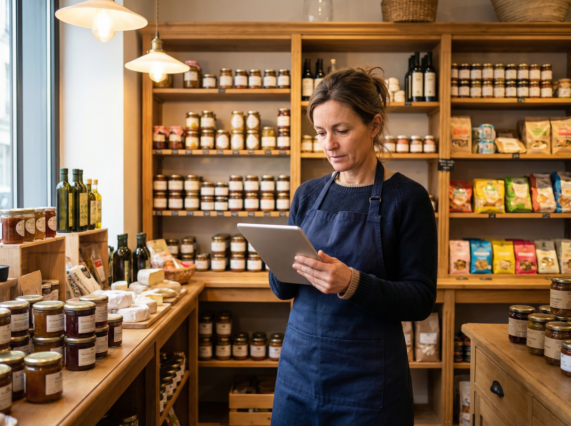 Gérant d'épicerie vérifiant son inventaire en temps réel depuis son Odoo POS — alertes de stock et variantes produits